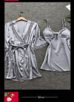 Conjunto De Pijamas Para Mujer Leepwear 2PCS Satinado Con Camisola De Encaje Y Bata De Noche V-Neck Longitud Pierna Completa Estilo Básico Para Novia - details 4