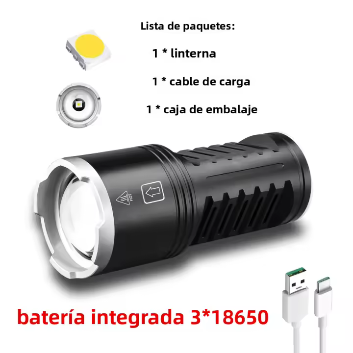 Linterna Táctica LED De Alta Potencia Recargable Por USB Con Zoom Y Batería Integrada Lámpara Fuerte Para Camping Resistente Al Agua Y Choques - 1