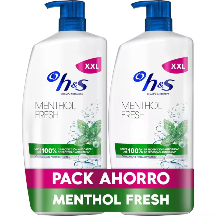 H&S Menthol Fresh Champú Anticaspa 2x1000ml con Dispensador, para Uso Diario. Hasta 100% de Protección Anticaspa, Clínicamente Probado. Para Todo Tipo de Pelo y Cuero Cabelludo Frescor, Aroma a Mentol - 1