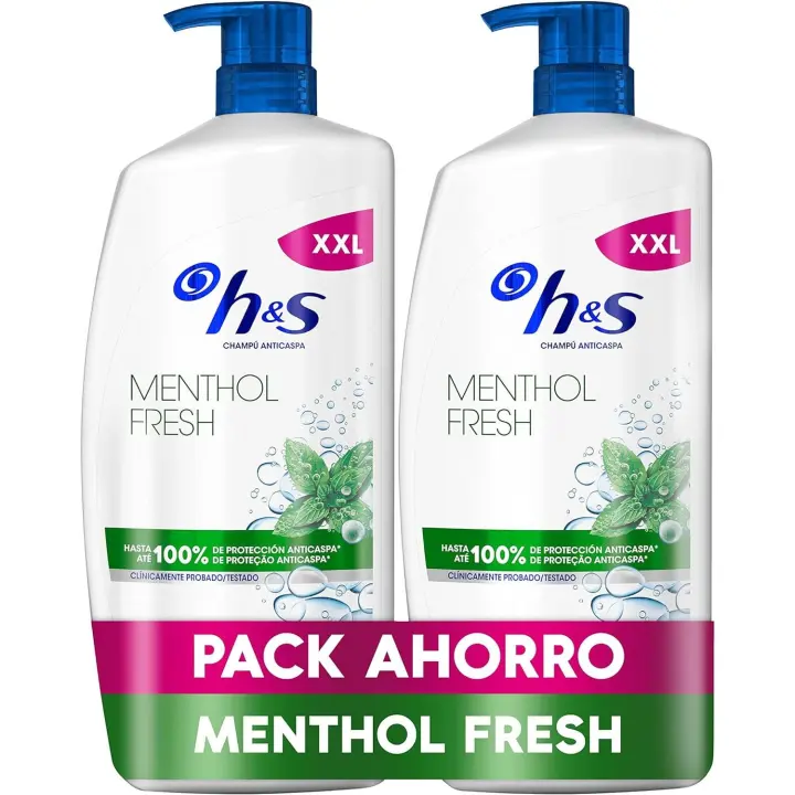 H&S Menthol Fresh Champú Anticaspa 2x1000ml con Dispensador, para Uso Diario. Hasta 100% de Protección Anticaspa, Clínicamente Probado. Para Todo Tipo de Pelo y Cuero Cabelludo Frescor, Aroma a Mentol - 1