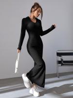 Vestido De Punto Negro Slim Con Cintura Ajustada Y Cuello En V Para Mujer Vestido Largo Casual De Otoño/Invierno - details 3