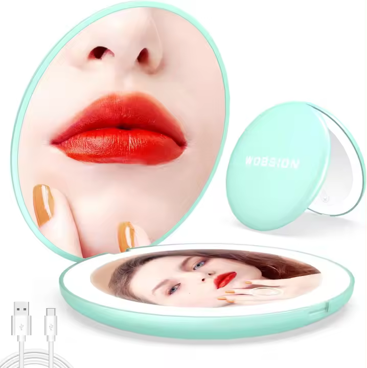 Espejo de maquillaje, recargable, regulable, con luz LED, aumento de 1x/10x y luz, portátil de 4 pulgadas para bolso, color cian - 1
