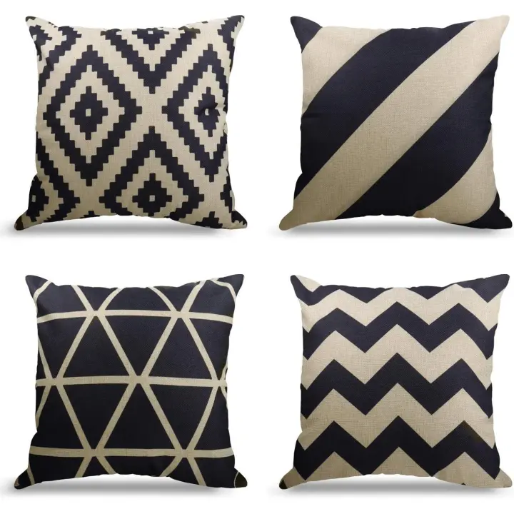 Cubiertas Geométricas de Almohada de Lino Algodón Juego de 4 para Decoración de Sofá Oficina - 1