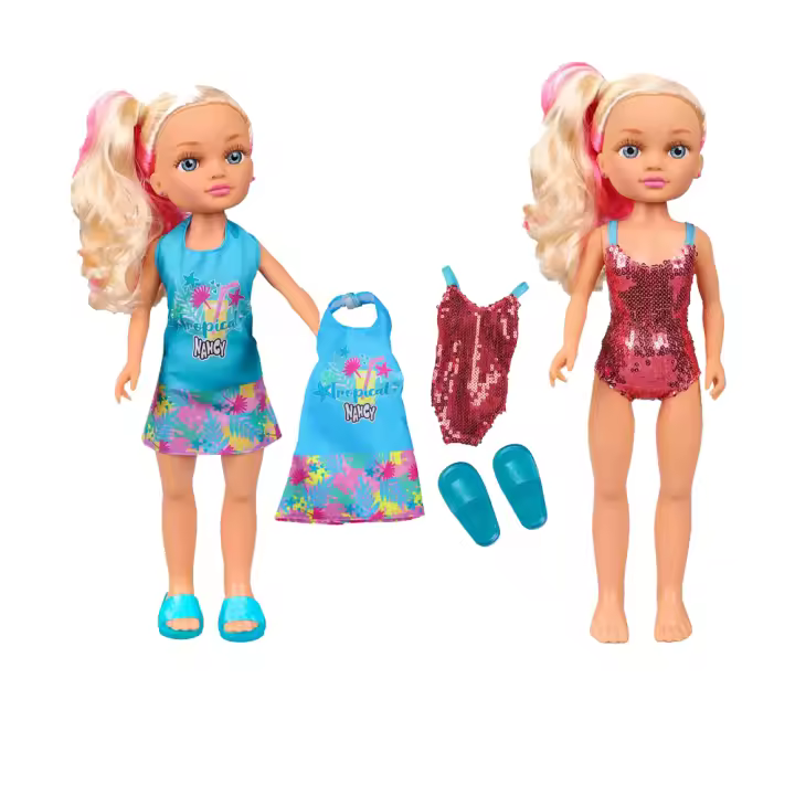 famosa-1 muñeca Nancy articulada con larga melena rubia con mechas rosas, pendientes rosas, vestido azul con estampado especial, un par de chanclas azules y un bañador rosa de lentejuelas. Medidas 42 cm de alto, 13 cm de ancho y 9 cm - 1