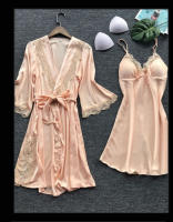 Conjunto De Pijamas Para Mujer Leepwear 2PCS Satinado Con Camisola De Encaje Y Bata De Noche V-Neck Longitud Pierna Completa Estilo Básico Para Novia - details 9