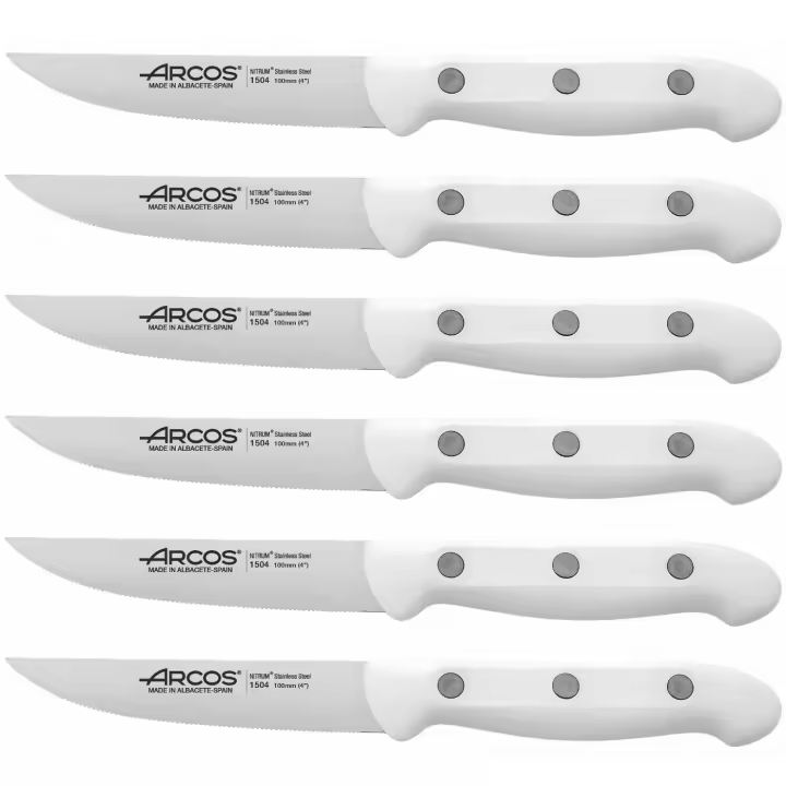 ARCOS Artika - Cuchillo Chuletero (100 mm) - Hoja de Acero Inoxidable Nitrum® - Mango Blanco de Polipropileno (PP) - 150424 - Pack de 6 - 1