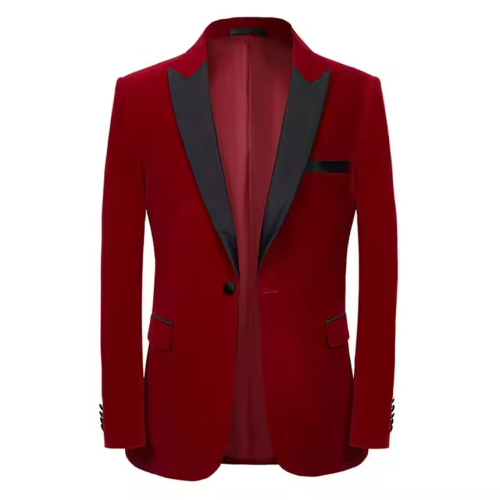 Chaqueta De Tuxedo Roja De Veludo Para Hombre Chaqueta De Noche Con Cuello En Pico Y Un Botón Para Bodas Y Fiestas Traje De Novio Estilo Formal - 1