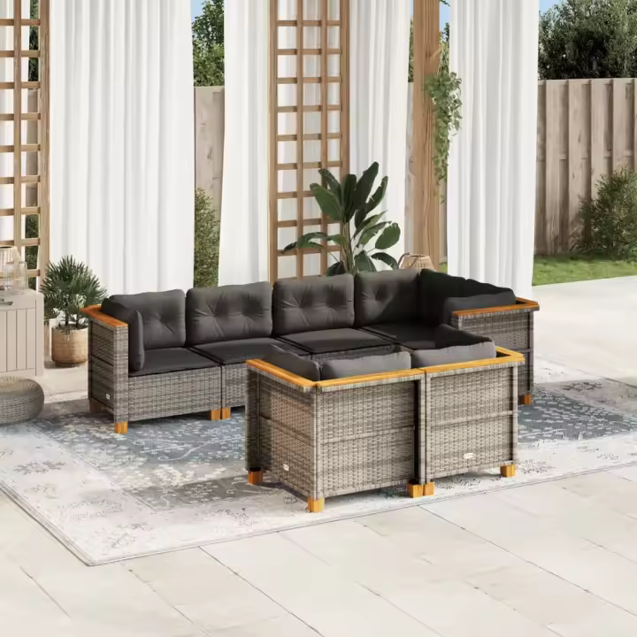 vidaXL Set de sofás de jardín 7 pzas con cojines ratán sintético gris - 1