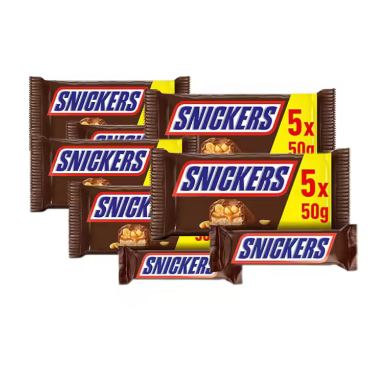 Snickers 25 Uds Barrita de Chocolate con Leche, Crema de Cacahuete, Caramelo y Cacahuetes, PACK de 5 bolsitas de 5 x 50g, en total 25 unidades x 50g - 1