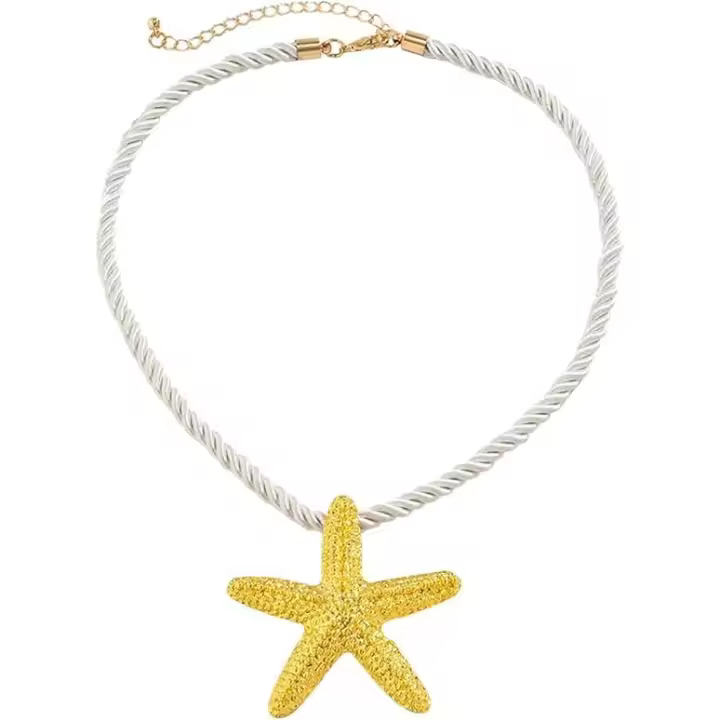 Colgante de estrella de mar de playa, joyería para fiesta en la playa estilo océano, collar de cuerda trenzada bohemio para vacaciones de verano, regalo para surfistas (oro) - 1