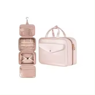 Neceser Mujer de Pared, Organizador de Maquillaje, Neceser Viaje de Portátil, Bolsa de Aseo Niña, Viajes Accesorios, Bolsa Maquillaje, Neceser Impermeable Plegable, 4 Capas Makeup Bag, Rosa - 1