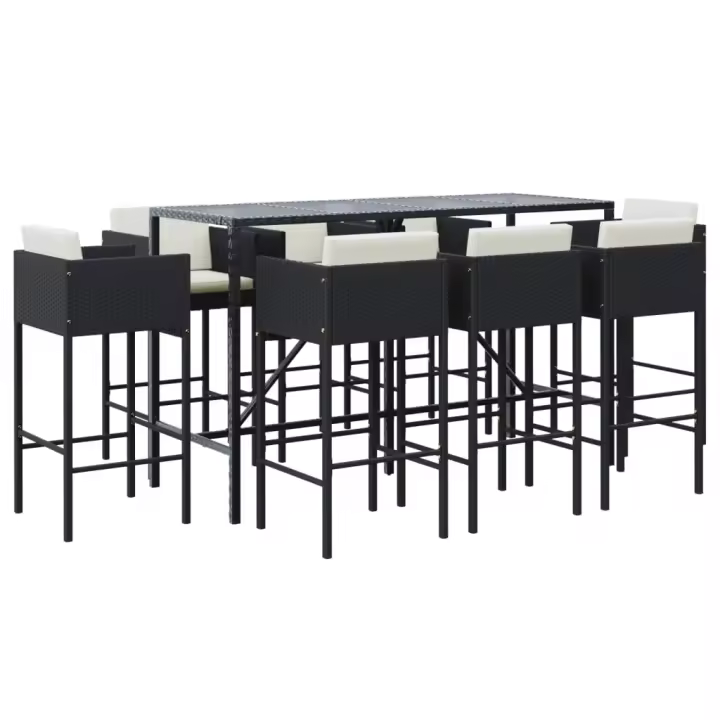 vidaXL Mesa y taburetes altos jardín 9 piezas y cojines ratán PE negro - 1