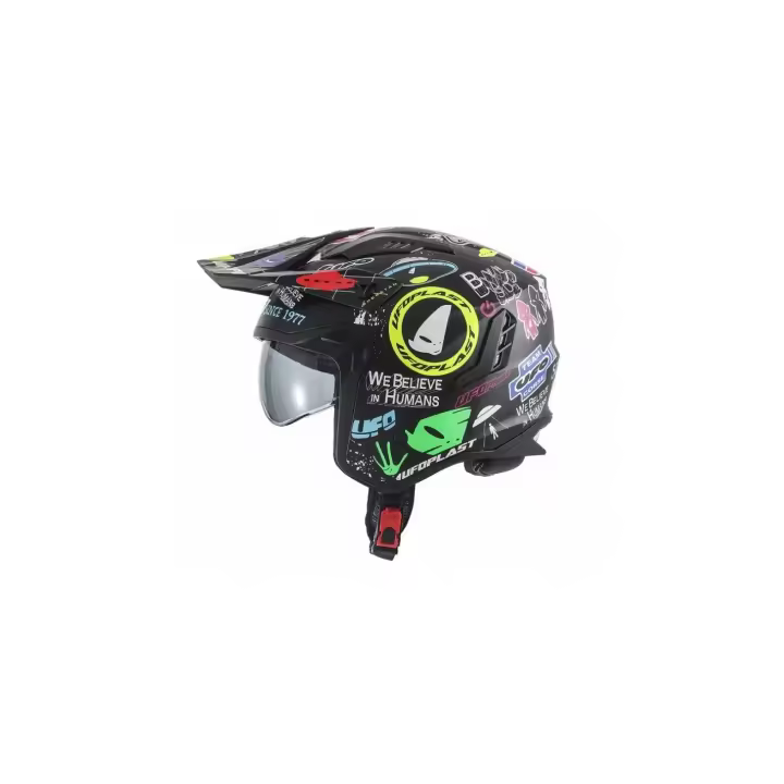 Casco Jet UFO Sheratan Trial graphic logos negro mate - 1