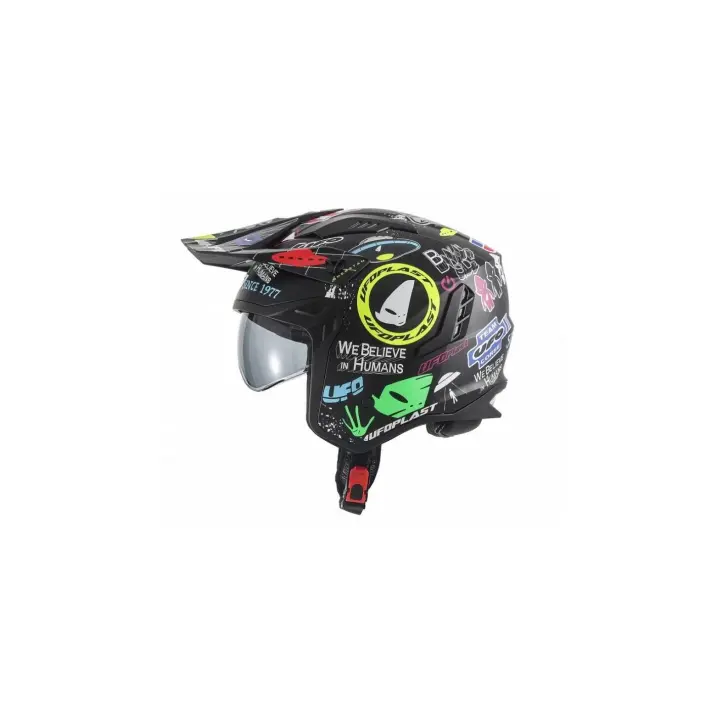 Casco Jet UFO Sheratan Trial graphic logos negro mate - 1