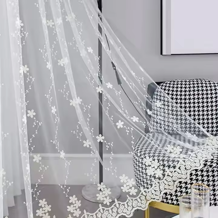 1PC Cortinas De Ventana Para Dormitorio Y Sala De Estar Con Bordado De Pequeñas Flores En Tela De Gauze Cortina Terminada De Poliéster 100% - 1