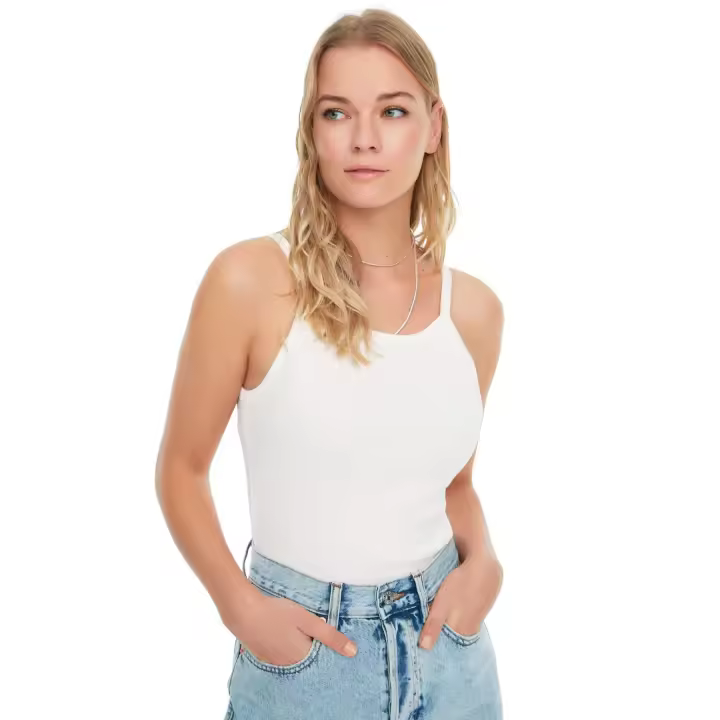 Trendyol Ecru Halter Crop Pool Collar Ribbed Flexible Knit Undershirt Singlet Twoss22Al0130. - 1