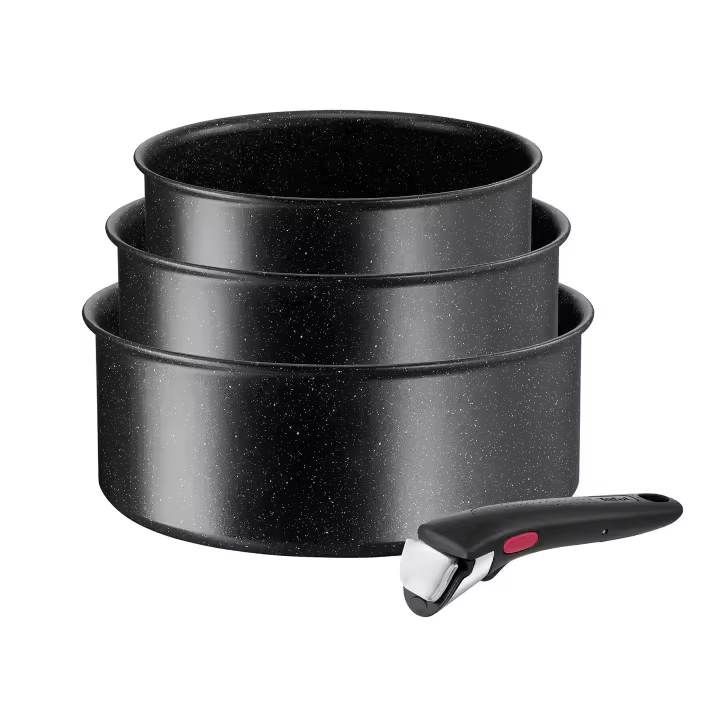 Tefal  Ingenio Black Stone - Juego de 3 cazuelas + Mango extraíble: cazos de 16/18/20 cm, mango intercambiable, revestimiento titanio, Thermo-signal, apto lavavajillas-  Ollas Tefal ingenio - 1