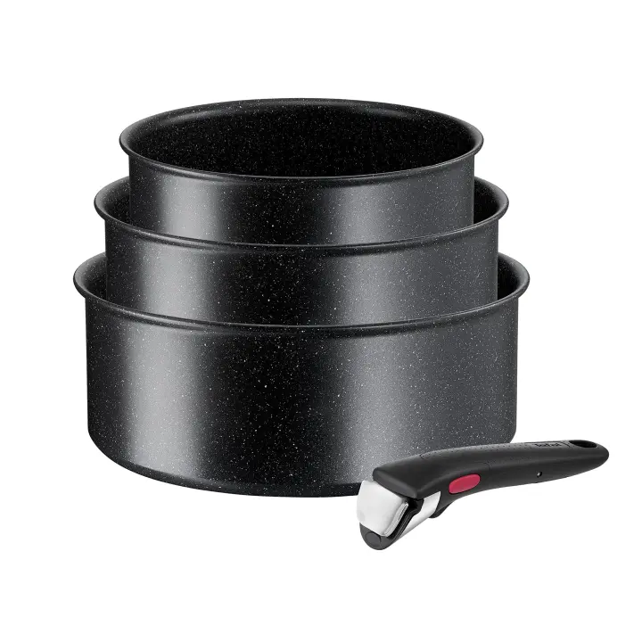 Tefal  Ingenio Black Stone - Juego de 3 cazuelas + Mango extraíble: cazos de 16/18/20 cm, mango intercambiable, revestimiento titanio, Thermo-signal, apto lavavajillas-  Ollas Tefal ingenio - 1