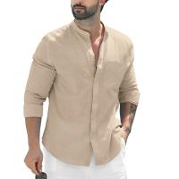 Camisa Casual Para Hombre De Color Sólido Algodón Y Lino Con Cuello En Punta Manga Larga Botones Únicos Versátiles Para Playa Y Primavera Y Verano - details 1