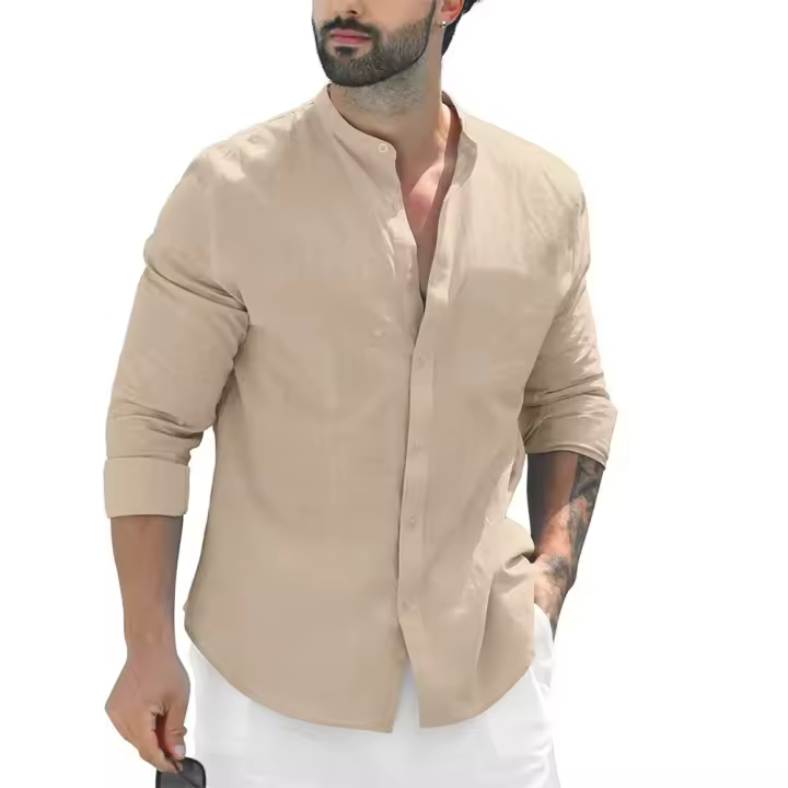 Camisa Casual Para Hombre De Color Sólido Algodón Y Lino Con Cuello En Punta Manga Larga Botones Únicos Versátiles Para Playa Y Primavera Y Verano - 1