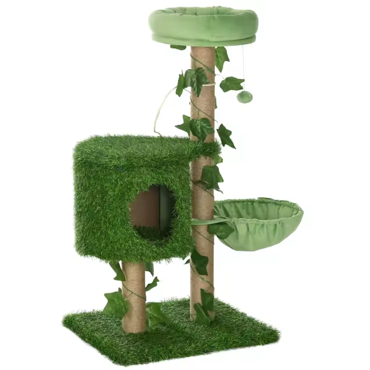 PawHutÁrbol Rascador para Gatos 91 cm Torre para 1-2 Gatos con Caseta Cama Hamaca Poste de Yute y Bola Colgante 50x40x91 cm Verde - 1