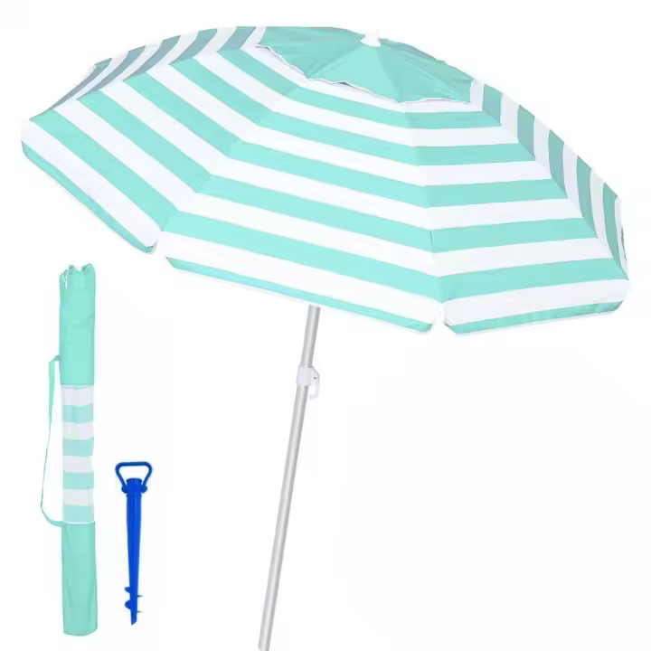 Lola Home Pack de sombrilla de playa turquesa 8 varillas de fibra vidrio antiviento con protección solar UPF+50 de aluminio y soporte de arena, de Ø 220 cm - 1