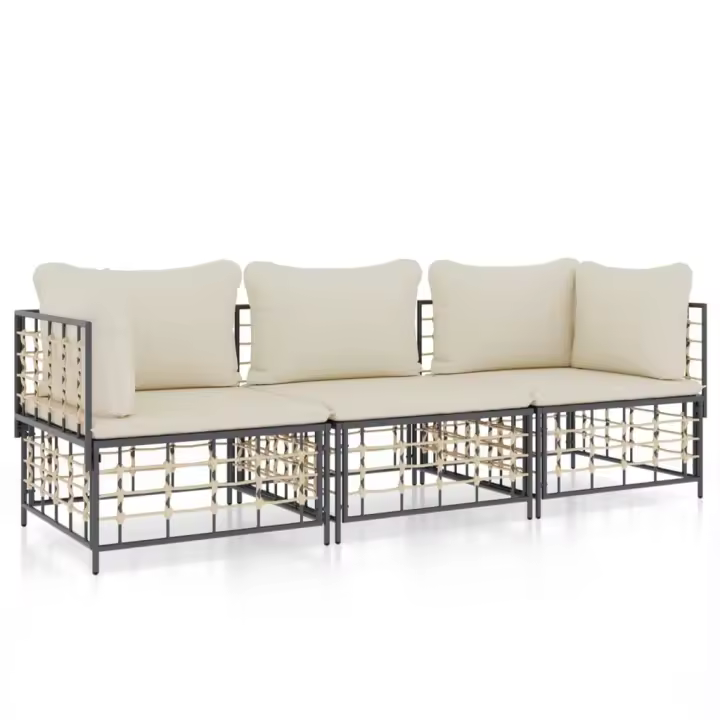 vidaXL Juego de muebles de jardín 3 pzas cojines antracita ratán PE - 1