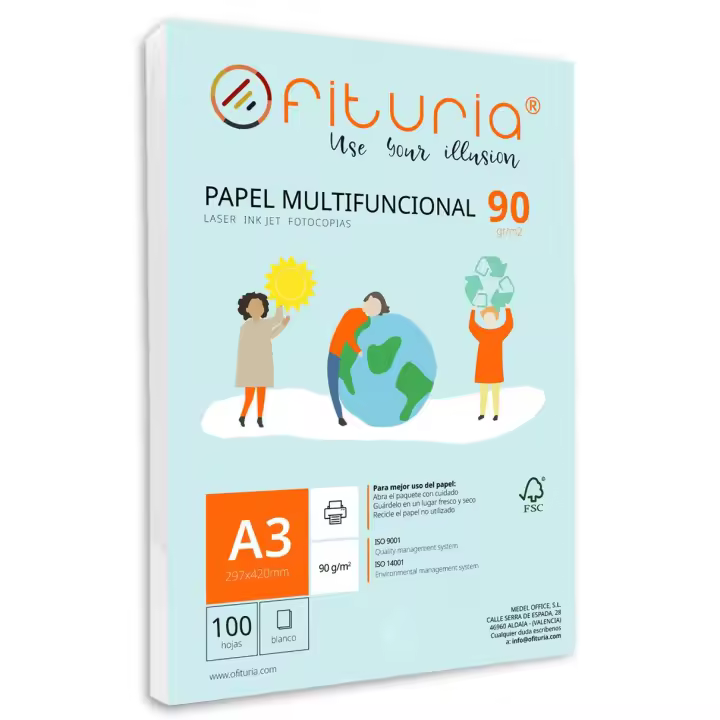 Paquete de folios A3 de 90gr con 100 Hojas Blancas, Papel Multifuncional para Uso Escolar y Entornos Laborales. Ideal con impresoras láser, de inyección o fotocopiadoras - Ofituria - 1