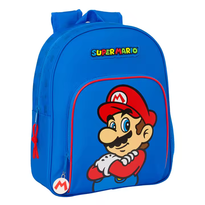 Mochila Infantil Junior Super Mario Bross Nintendo - Mochila Escolar Con Opción A Carro Super Mario Bross Nintendo - Mochila Escolar Doble Compartimento Rojo Azul Super Mario - Safta - 1