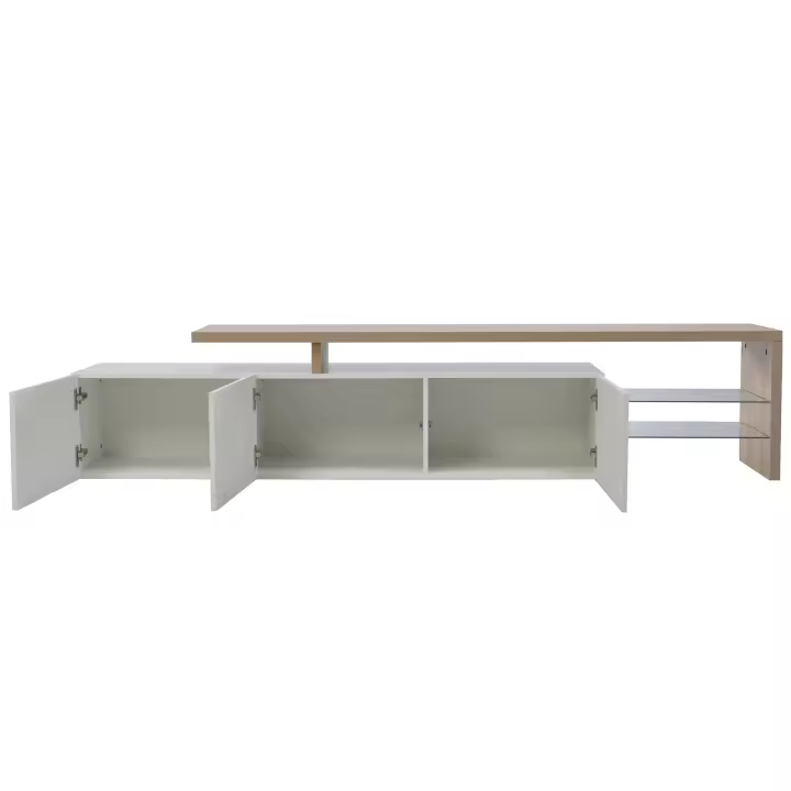 Mueble de TV LED blanco brillo con almacenaje oculto, estantes de cristal y diseño moderno en madera – mesa TV elegante para salón - 1