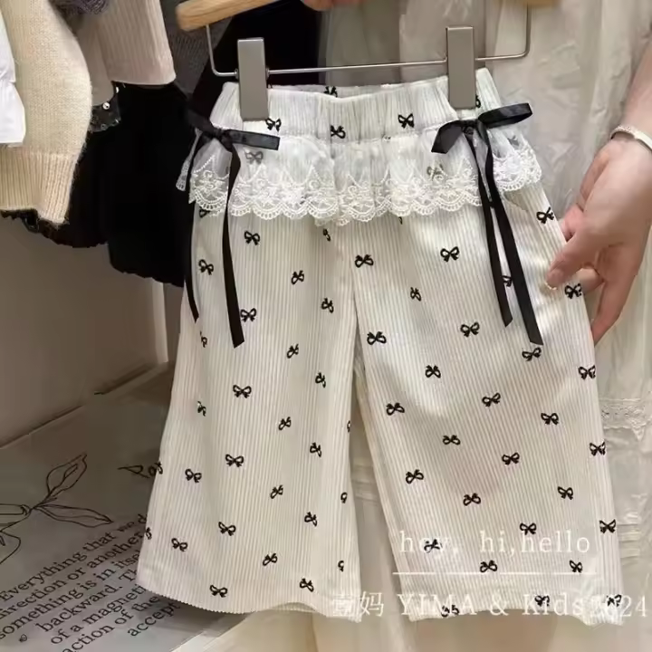 Pantalones Anchos Para Bebés Niñas Primavera Con Lazo Estampado Todo Tipo De Pierna Recta Cuello De Botón Cómodo Talla True Fit Para Niñas - 1