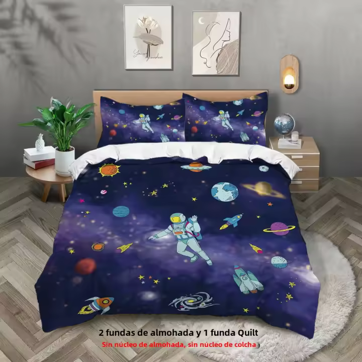Juego De Cama 3 Piezas Estilo Espacial Con Patrón De Astronauta Y Cielo Estrellado Funda De Edredón Y 2 Fundas De Almohada Poliéster Cómodo Set De Cama - 1