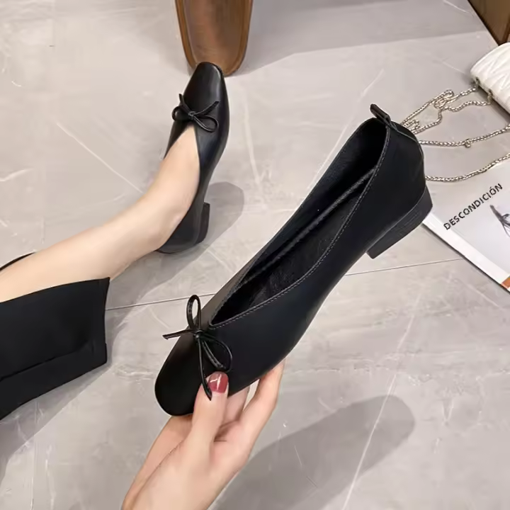Zapatos Planos Elegantes De Mujer Con Punta Cuadrada Y Tacón Bajo Estilo Coreano Mary Janes Color Negro Suela Suave Para Oficina Y Carrera - 1