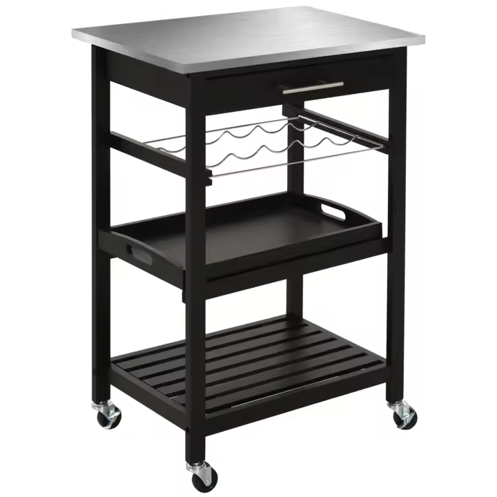 HOMCOM Carro de servicio Carro de cocina con estante para botellas 60L x 40l x 85H cm Encimera de acero inoxidable. Negro - 1