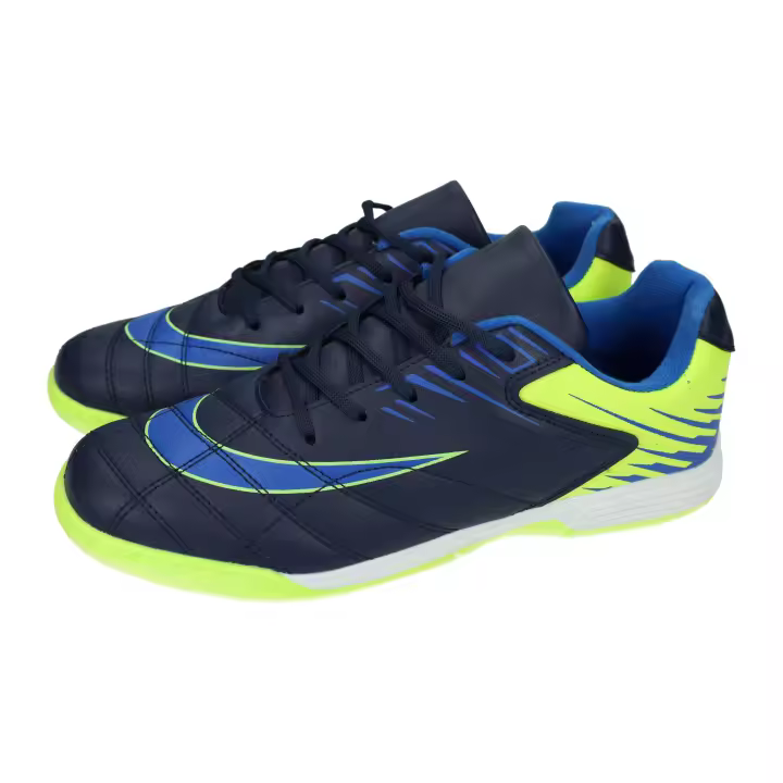 Deportivos marca DEMAX para hombre en color marino. Zapatillas de fútbol para hombre, color azul marino y verde fluorescente, cierre de cordones, plantilla extraible y piso cosido de goma antideslizante - 1