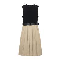 Vestido Largo Patchwork De Moda Para Mujer TRAFZA Verano Casual Cuello Redondo Sin Mangas Pleated Con Cinturón Elegante Vestidos - details 1
