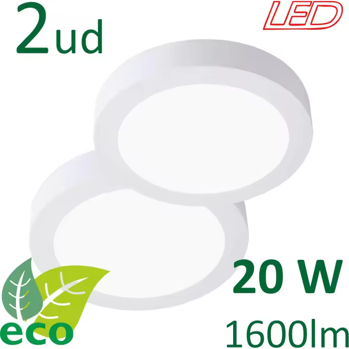 VZLED - Pack 2-5-10 downlight LED 20W superficie redondo, Plafón techo led redondo, Plafón cocina LED, Lámpara techo, tono luz blanca 4000K y luz blanca fría 6500K - 1
