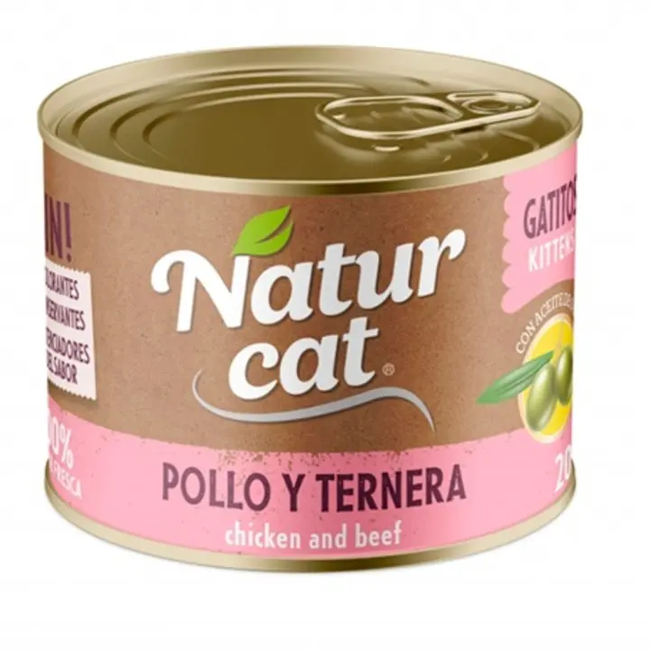 Naturcat Kitten sabor Pollo y Ternera - 6 Unidades x 200gr - Alimento Húmedo, Latas para gatitos - 1