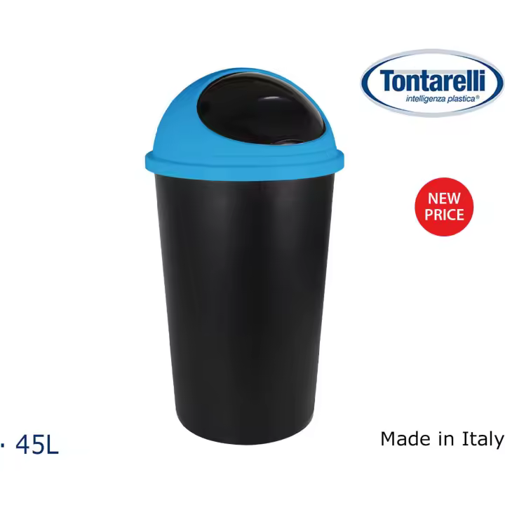 Tontarelli - Cubo Basura 45L Big Hoop Azul - Capacidad Ampliada - Fácil de Limpiar - Diseño Elegante - Resistente - Tapa Antiolores - 1