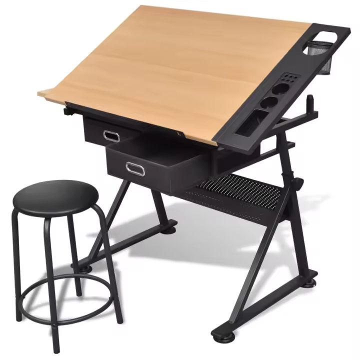 vidaXL Mesa de dibujo inclinable con 2 cajones y taburete - 1