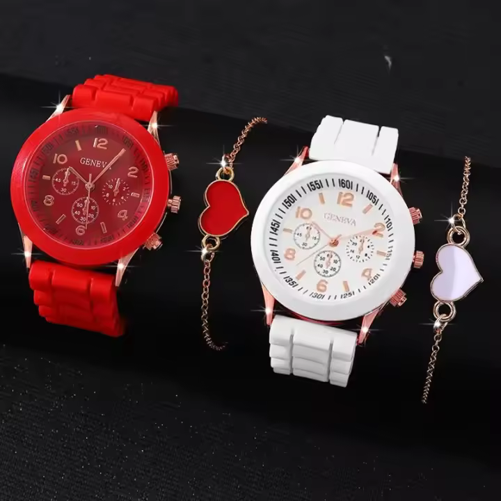 Reloj De Cuarzo Para Hombres Y Mujeres De Moda Simple Con Correa De Silicona Reloj De Pulsera Negocios Casual Plata 4 Piezas - 1