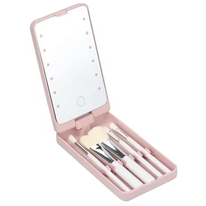 Espejo portátil para maquillaje, caja de almacenamiento con 5 brochas, LED táctil, color rosa - 1
