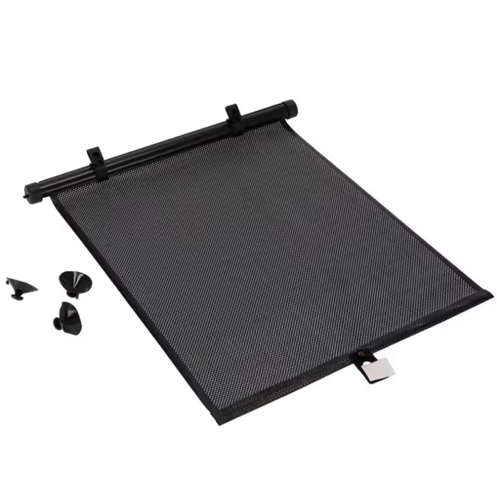 Tradineur - Cortina enrollable para ventanilla de coche, parasol lateral de plástico, altura regulable, colocación con 3 ventosas, protección rayos UV, privacidad (Negro, 40 x 45 cm) - 1