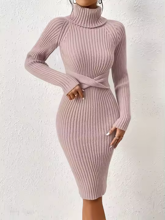 Vestido De Punto Ajustado Cuello Alto Para Mujer Estilo De Otoño E Invierno Vestido Casual De Rodilla Alta Material De Poliéster - 1