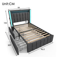 Cama Upholsted Función de carga USB Type C Iluminación LED Y 2 cartuchos, Cama Juvenil 90x200 cm Cama individual Cama de almacenamiento Estructura de Cama Con base de listones de Madera, gris (with colchón) - details 11