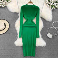Vestido Midi De Punto REALEFT Para Mujer Con Cuello En V Manga Larga Y Falda Frontal Solta Estilo Casual Color Sólido Otoño Invierno - details 13