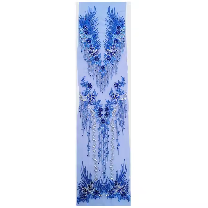 Parche De Encaje Bordado Con Diamantes 120*30CM Para Vestido De Novia Aplicación De Flores Hechas a Mano Y Costura Ecológica - 1