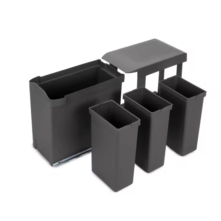 Contenedores de reciclaje para cocina, 3 x 10l, fijación inferior y extracción automática, acero y plástico, gris antracita - 1