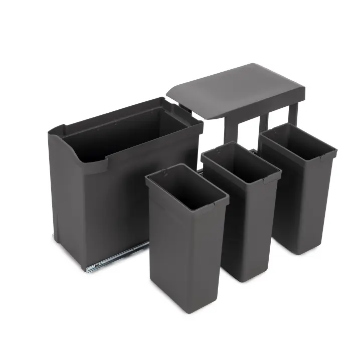 Contenedores de reciclaje para cocina, 3 x 10l, fijación inferior y extracción automática, acero y plástico, gris antracita - 1