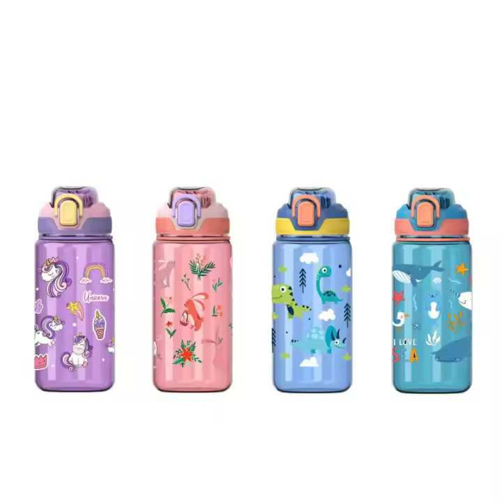 Botellas de Agua para Niños y Niñas, Botellas de Agua para Niños, Botellas con Pajita para Niños, Sin BPA, Sin Fugas, Reutilizables, 600ml, Plástico - Dinosaurio Azul - 1